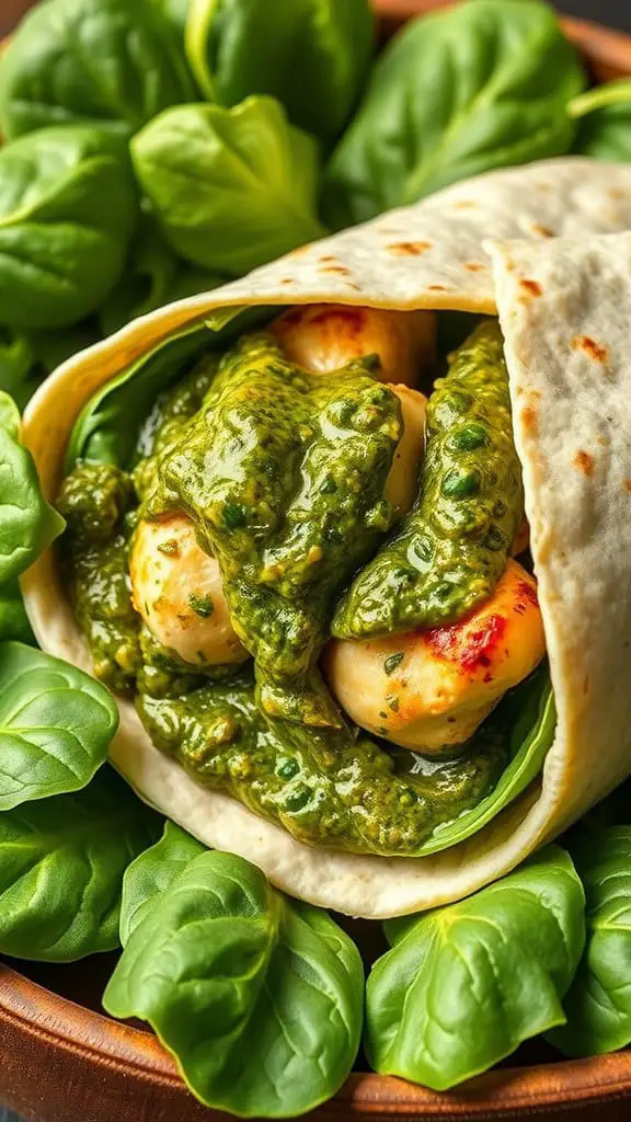 A pesto chicken and spinach wrap filled with chicken and pesto sauce, surrounded by fresh spinach leaves.