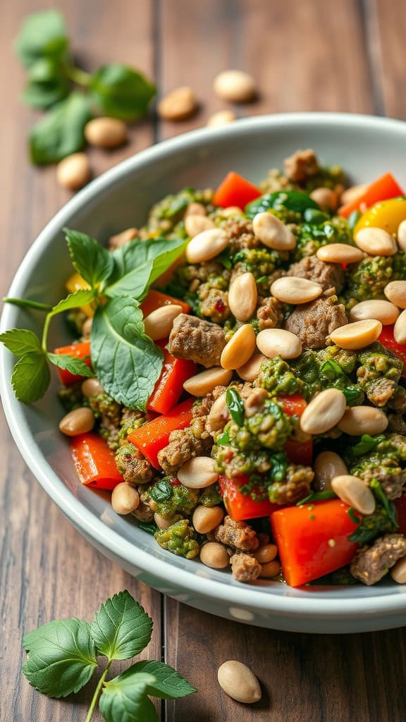 A bowl of Pesto Ground Beef and Vegetable Bake with vibrant red peppers and green vegetables.