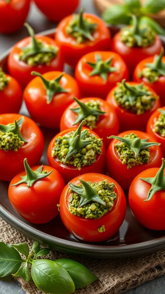 A platter of pesto stuffed cherry tomatoes, vibrant and ready for serving.