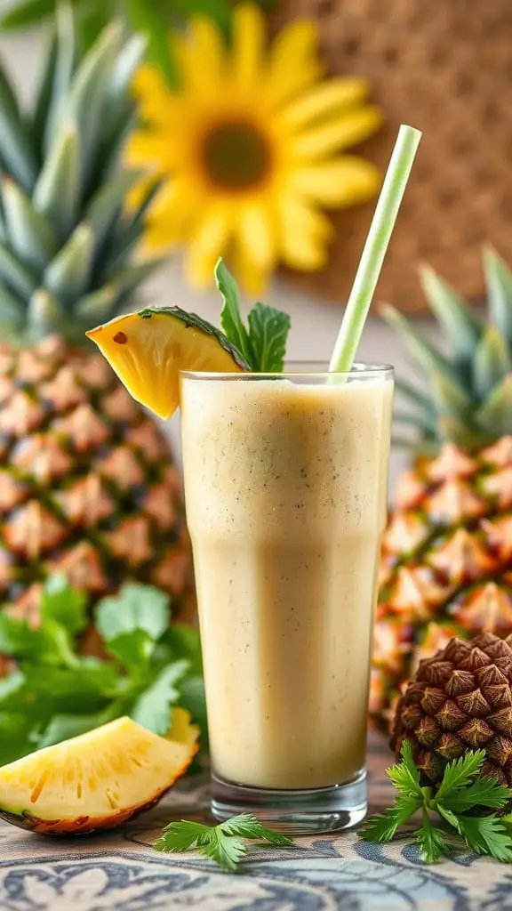 A refreshing pineapple and celery smoothie in a glass, garnished with a slice of pineapple and mint, surrounded by fresh pineapples and greens.