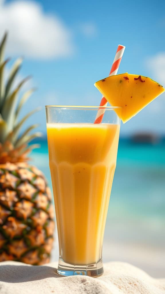 A refreshing mango pineapple smoothie garnished with a slice of pineapple and a straw, with a pineapple in the background and a beach view.