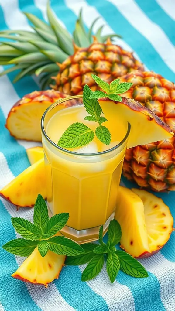 A refreshing glass of pineapple mint tea surrounded by fresh pineapple slices and mint leaves on a striped background.