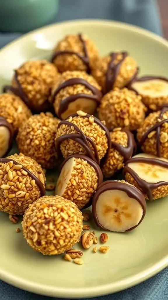 A plate of pistachio crusted banana bites drizzled with chocolate.