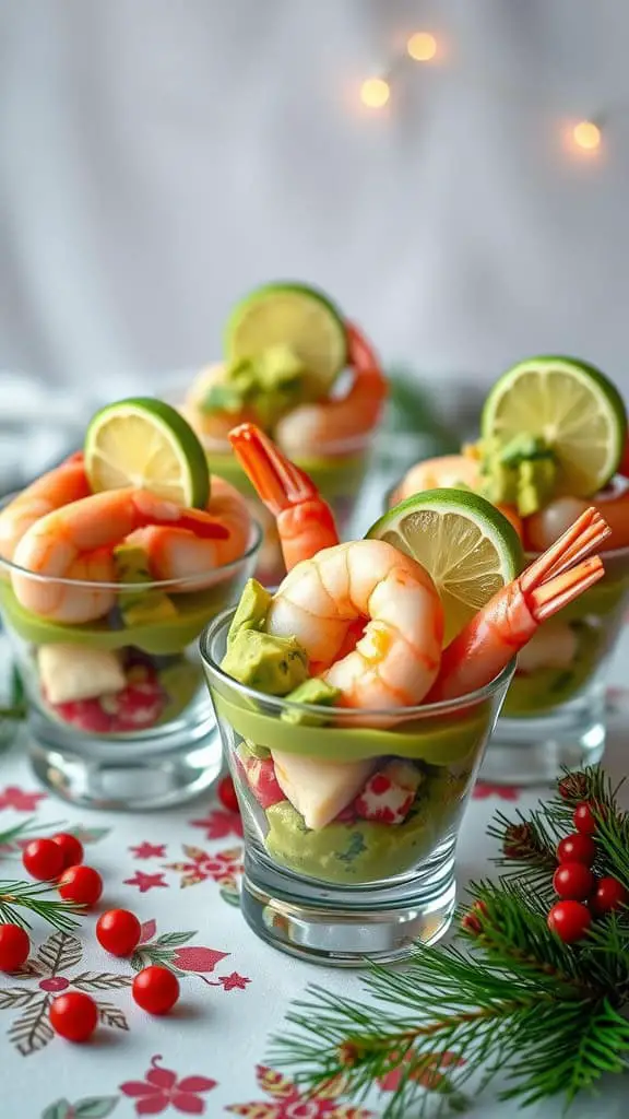 A colorful display of prawn and avocado cups with lime slices, festive decorations, and a holiday theme.