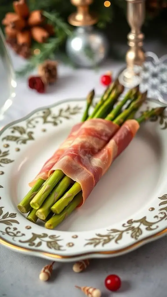 Plate of prosciutto-wrapped asparagus, decorated for the holidays.