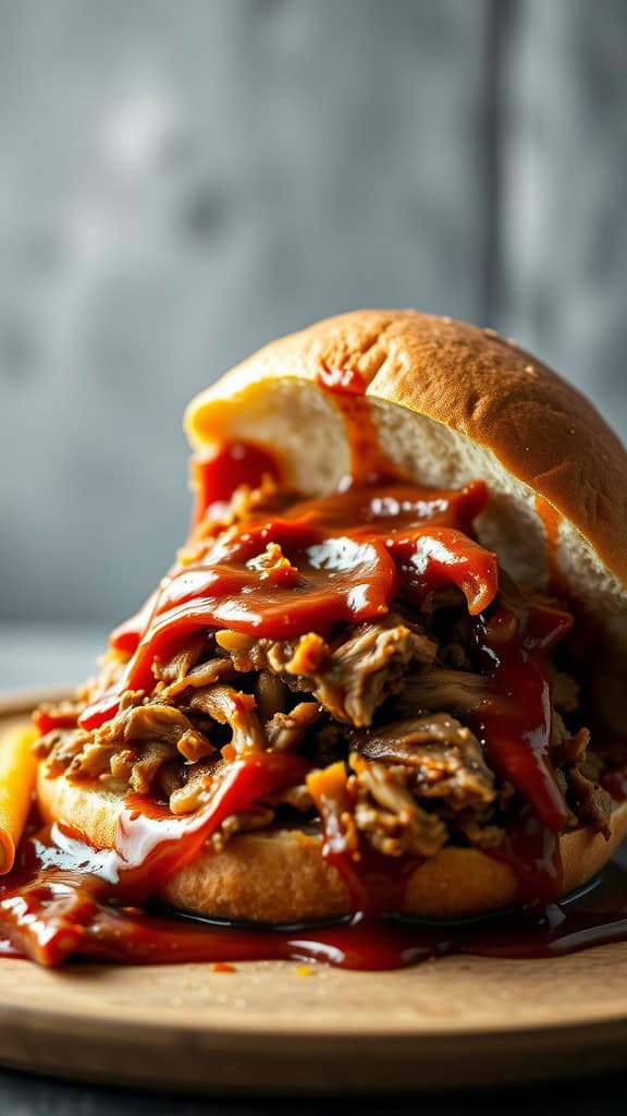 A close-up of a pulled pork BBQ sandwich topped with BBQ sauce, served on a wooden plate.