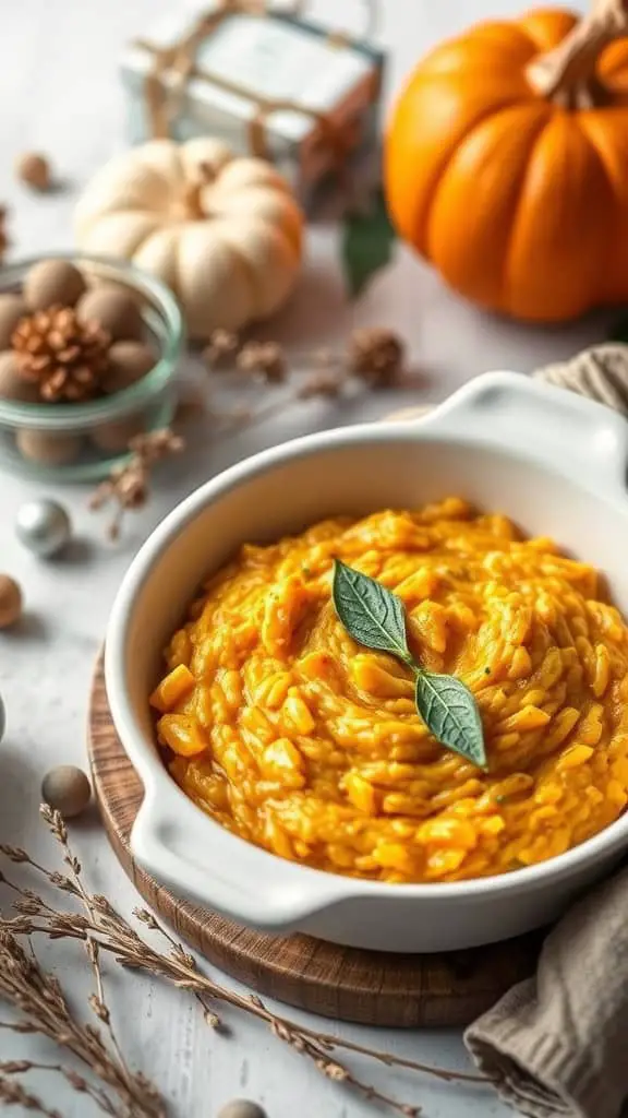 A bowl of creamy pumpkin and sage risotto garnished with sage leaves, surrounded by decorative autumn elements.