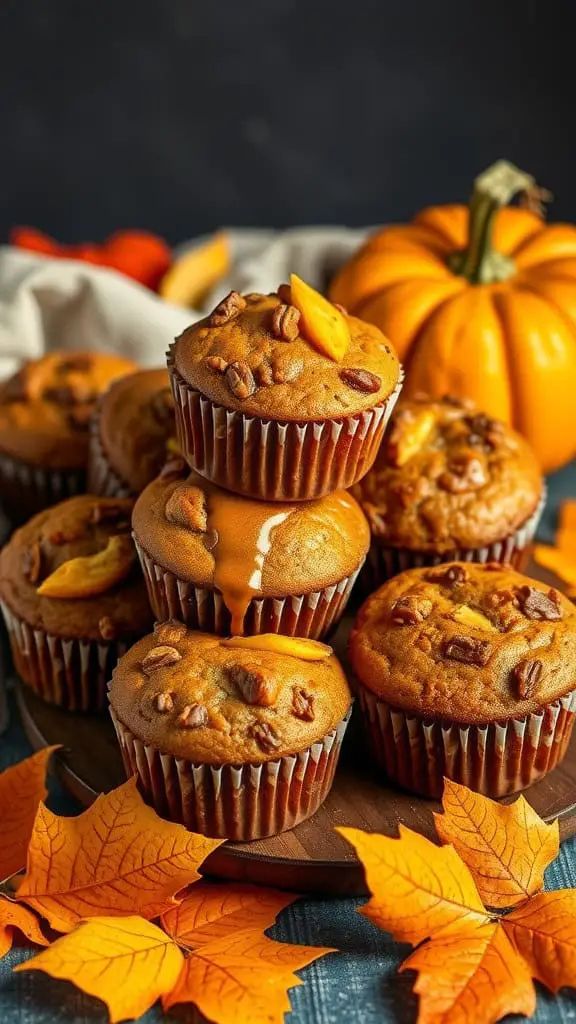 A pile of Pumpkin Banana Muffins topped with nuts, placed on a wooden plate surrounded by autumn leaves and a pumpkin.