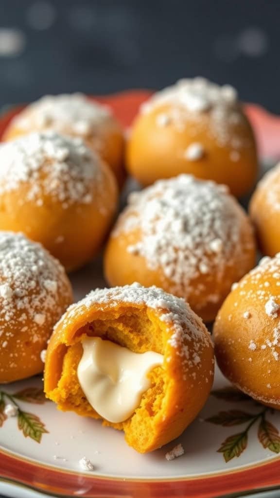 A plate of pumpkin cream cheese bites dusted with powdered sugar, one cut in half showing creamy filling.