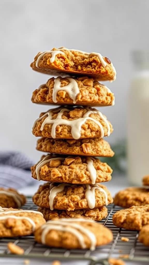 A stack of pumpkin oatmeal cookies drizzled with icing on a cooling rack