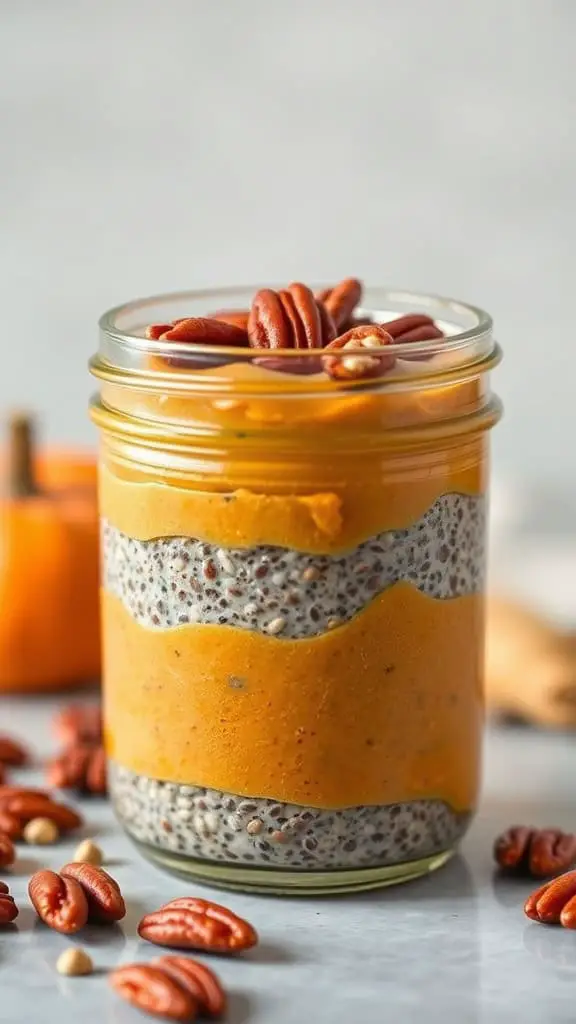 A jar of Pumpkin Pie Chia Seed Pudding layered with pumpkin puree and chia seeds, topped with pecans.