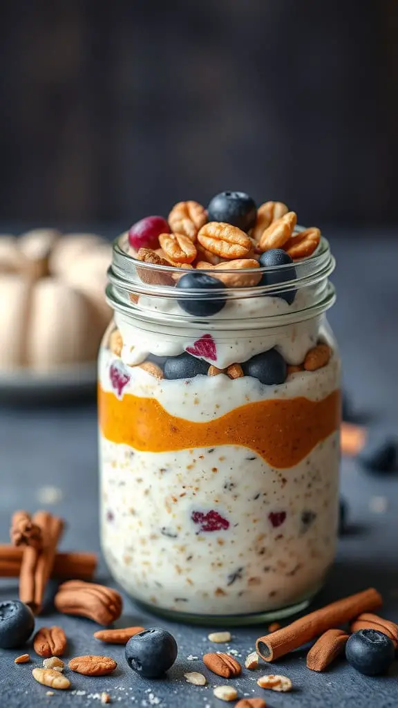 A jar of pumpkin pie overnight oats topped with blueberries and pecans, surrounded by cinnamon sticks and oats.