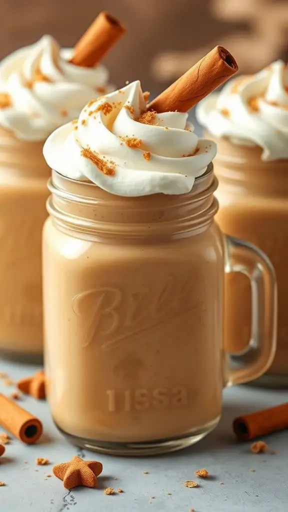 Three jars of pumpkin pie smoothie topped with whipped cream and a cinnamon stick, surrounded by star-shaped cookies.