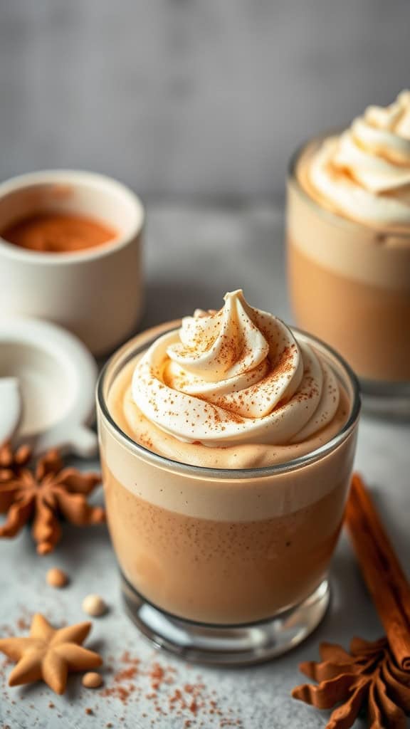 A creamy Pumpkin Spice Eggnog Mousse topped with whipped cream and sprinkled with spices, surrounded by holiday-themed decorations.