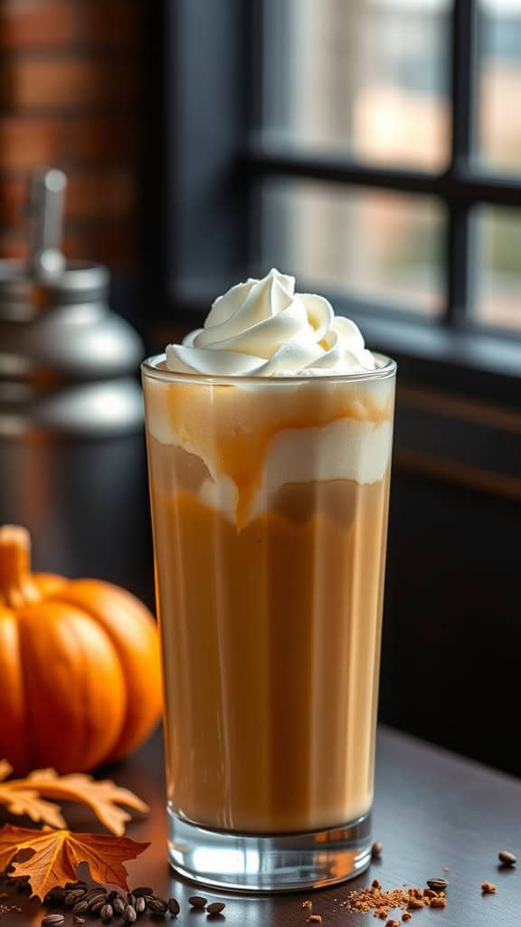 A delicious glass of Pumpkin Spice Iced Espresso topped with whipped cream, with a small pumpkin and coffee beans in the background.