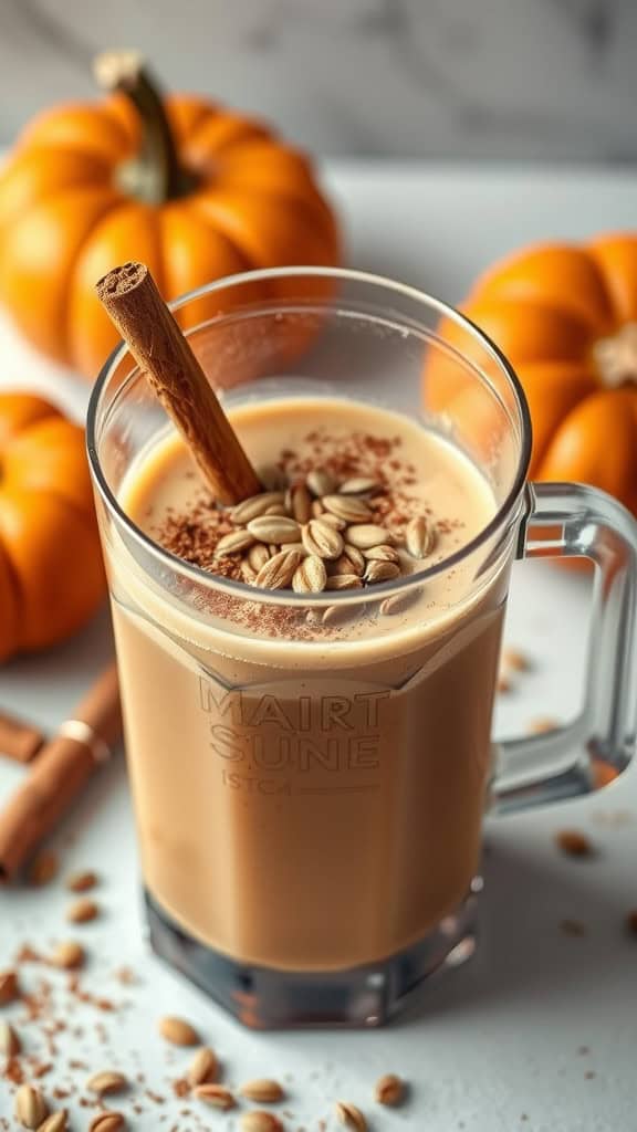 Pumpkin Spice Latte Smoothie with cinnamon stick and pumpkin decorations