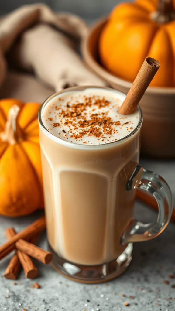 A cozy Pumpkin Spice Latte with cashew milk topped with cinnamon, surrounded by pumpkins and cinnamon sticks.