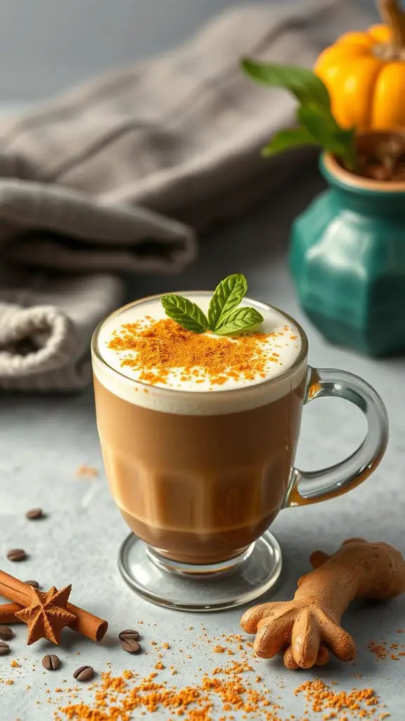 A beautifully presented Pumpkin Spice Latte with ginger, topped with whipped cream and spices, surrounded by coffee beans and decorative elements.