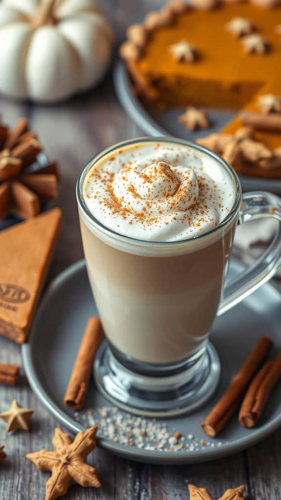 A Pumpkin Spice Latte topped with whipped cream and nutmeg, surrounded by cinnamon sticks and star anise, with a pumpkin pie in the background.