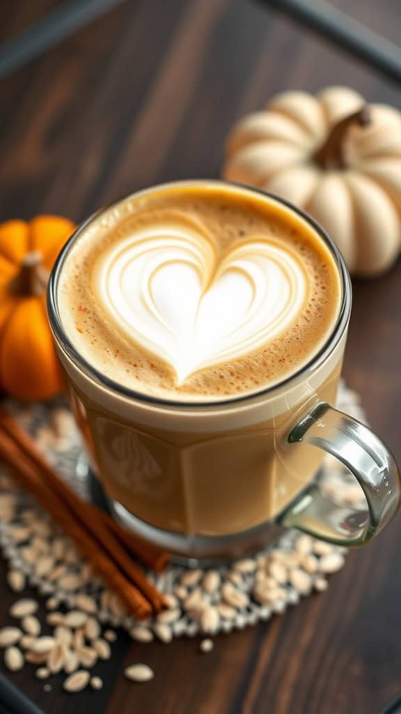 A close-up of a pumpkin spice latte with oat milk, featuring heart-shaped foam art, surrounded by pumpkins, cinnamon sticks, and oats.