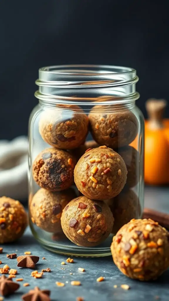 A jar filled with pumpkin spice protein balls, with some scattered around on a table