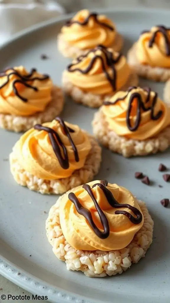 Pumpkin Spice Rice Cake Treats with cream cheese frosting and chocolate drizzle