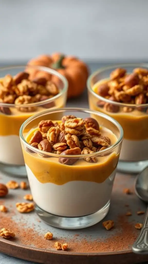 Pumpkin Spice Yogurt Cups topped with nuts, showcasing layers of yogurt and pumpkin puree, with a small pumpkin in the background.