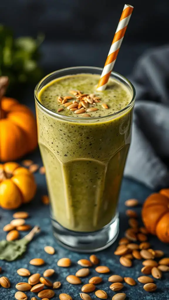 A green pumpkin spinach smoothie in a glass with a striped straw, surrounded by pumpkins and seeds.