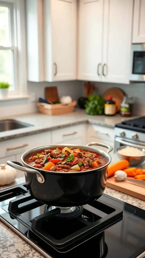 A pot of ground beef chili on a stovetop in a bright kitchen