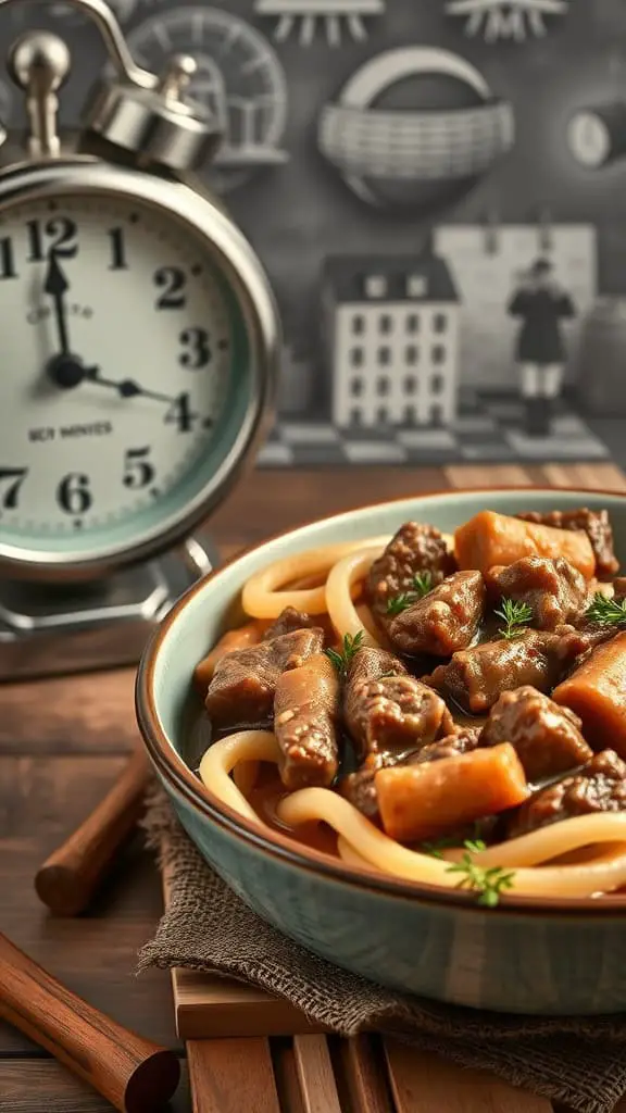 A bowl of beef stroganoff with noodles and a clock in the background showing time.