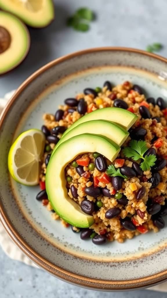 A bowl of quinoa and black beans topped with avocado and lime, garnished with cilantro.