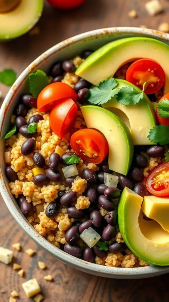 A quinoa and black bean rice bowl with avocado, cherry tomatoes, and cilantro