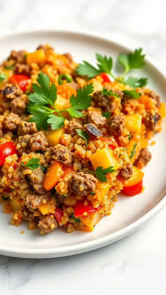 A plate of quinoa and ground beef mixed with vibrant vegetables.