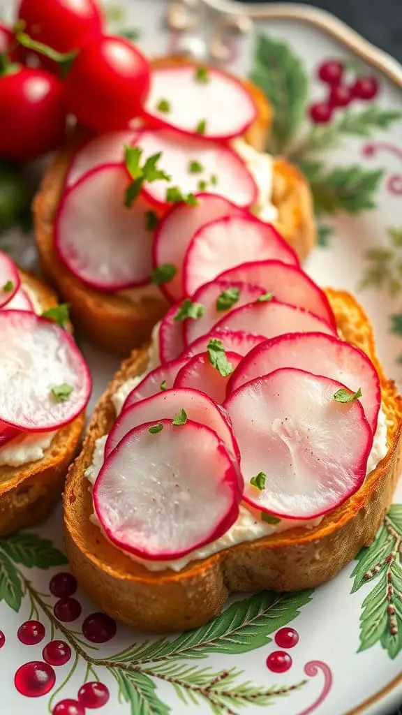 Radish and butter canapés on a festive plate with cherry tomatoes and greenery