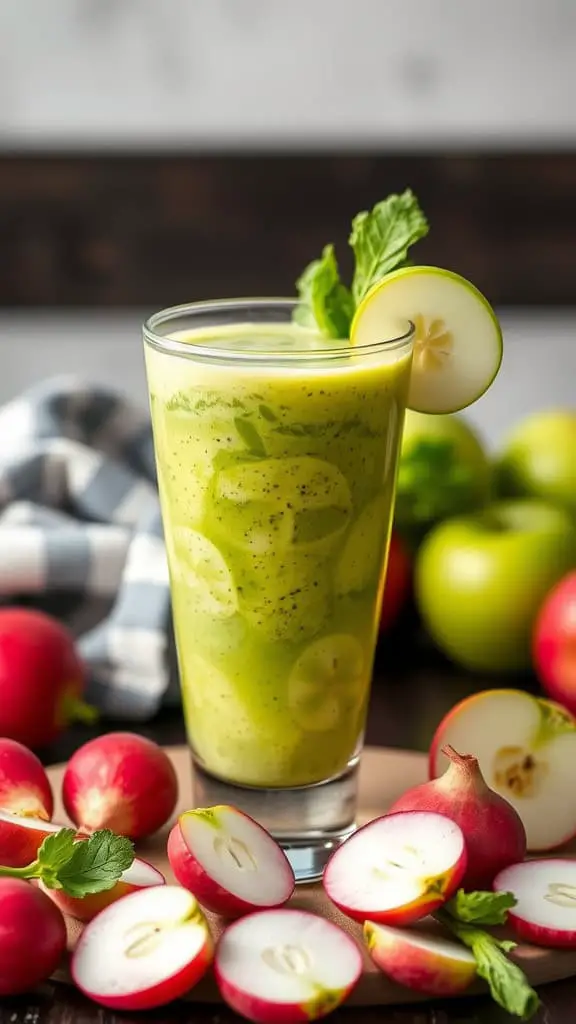 A refreshing green smoothie made with radish and green apple, served in a glass with slices of radish and apple around it.