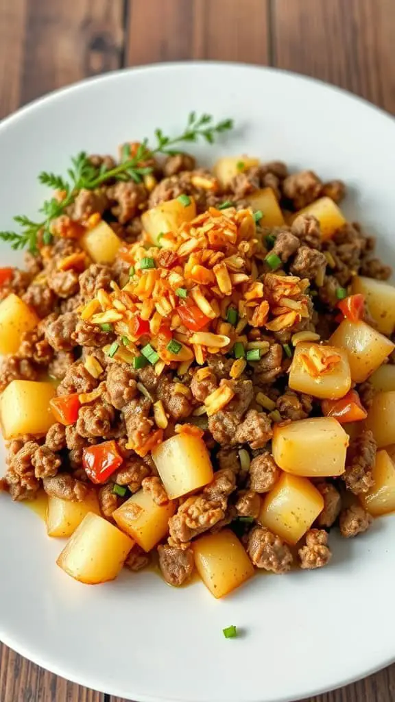 A plate of ranch style ground beef and potato bake, featuring seasoned ground beef mixed with diced potatoes and colorful vegetables.