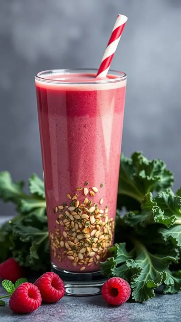 A refreshing raspberry and kale smoothie garnished with a striped straw, surrounded by fresh raspberries and kale leaves.