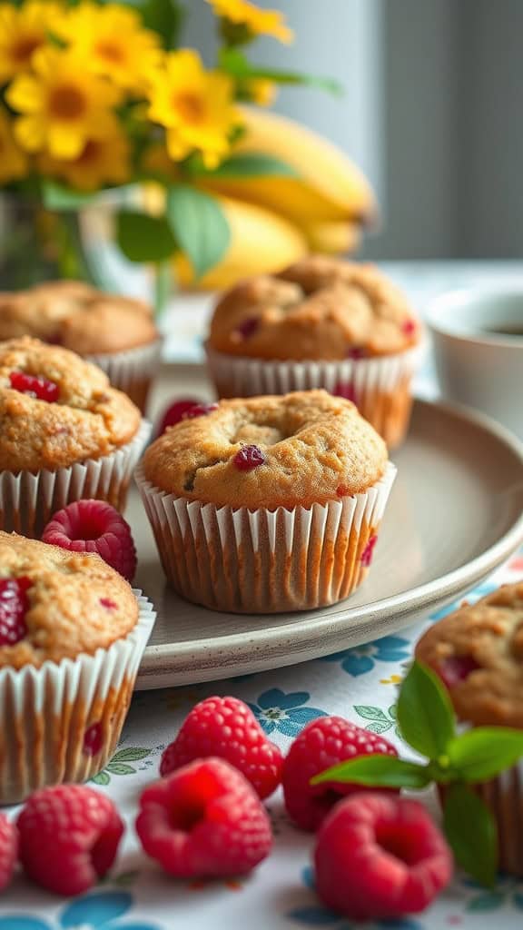 A plate of raspberry banana muffins with fresh raspberries and a vase of yellow flowers in the background.