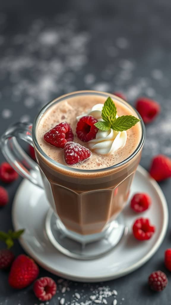 A glass of Raspberry Chai Latte topped with whipped cream and fresh raspberries.