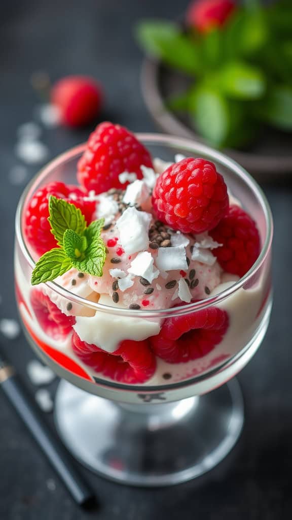 A delicious Raspberry Chia Seed Parfait with layers of yogurt, raspberries, and mint leaves.