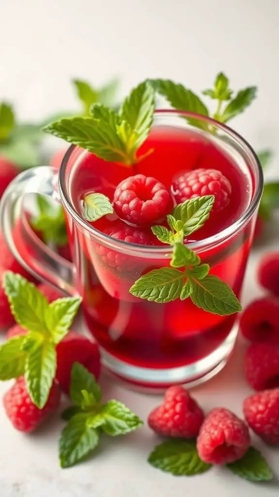 A refreshing cup of Raspberry Hibiscus Delight with raspberries and mint leaves