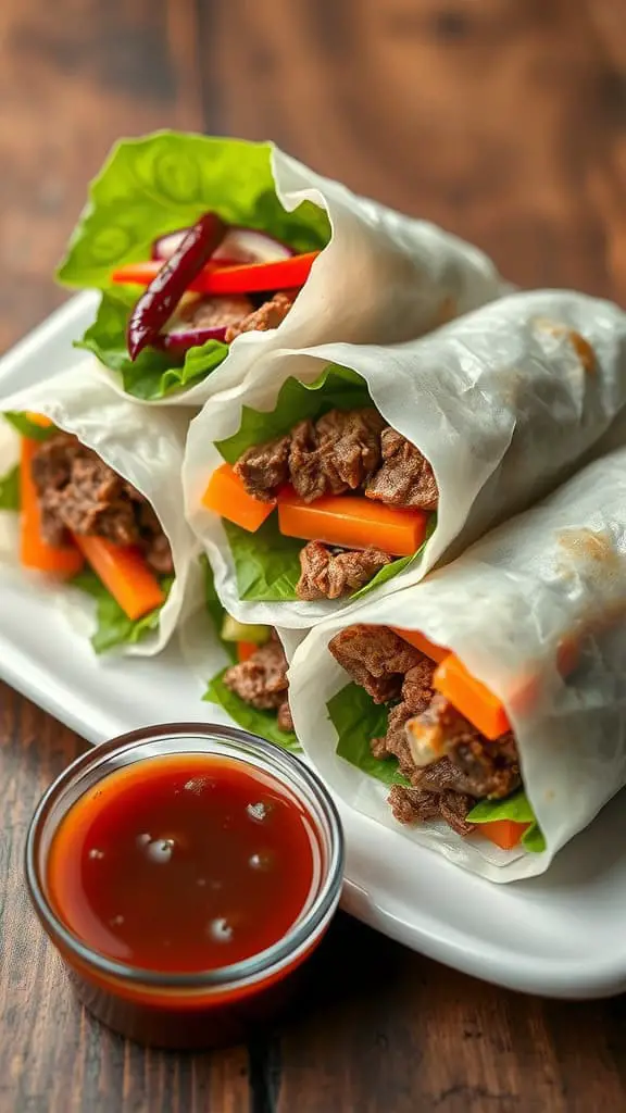 Rice paper rolls filled with ground beef, lettuce, and vegetables, served with a dipping sauce