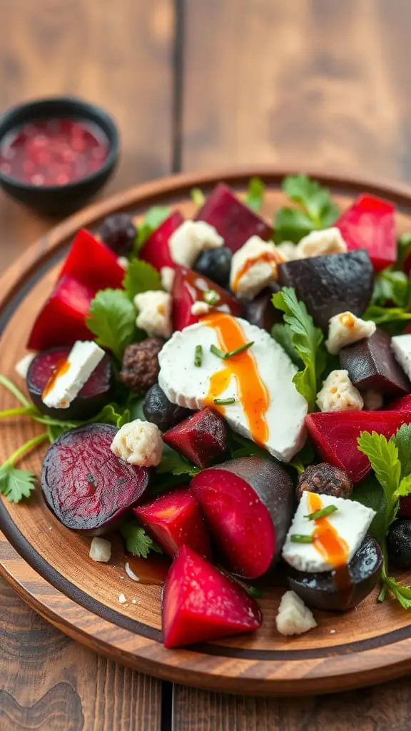 A plate of roasted beet and goat cheese salad with greens, herbs, and drizzled dressing.