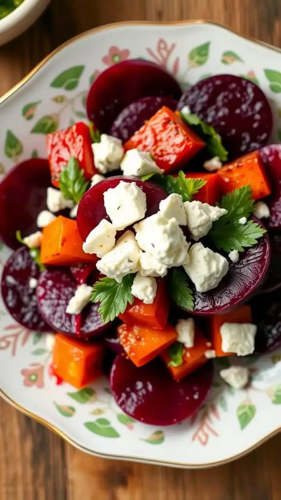 A colorful roasted beet salad topped with goat cheese and fresh herbs, served on a floral plate.