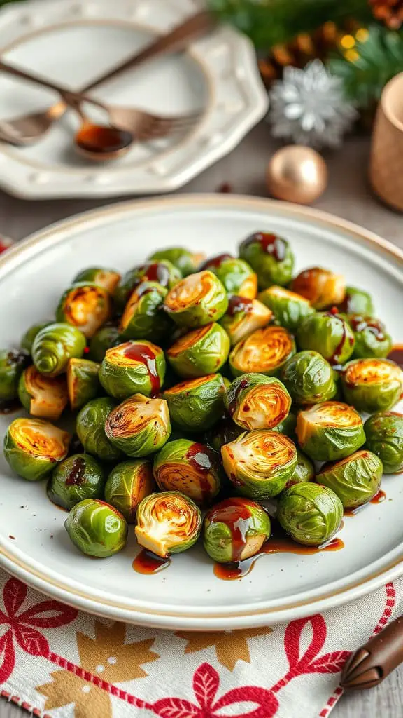 A plate of roasted Brussels sprouts drizzled with balsamic glaze, sitting on a festive table with holiday decor.