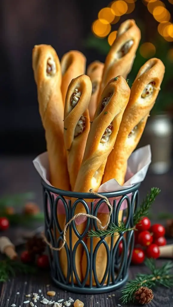 A basket of golden, twisted breadsticks filled with cheese, decorated with festive holiday elements.