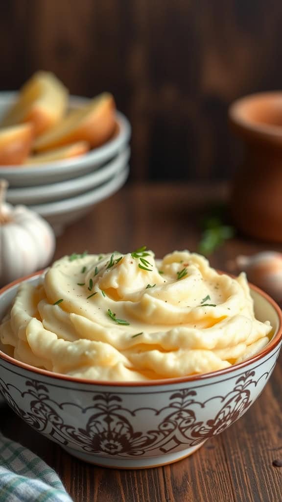 A bowl of creamy roasted garlic and herb mashed potatoes, garnished with fresh herbs, set against a rustic wooden background.