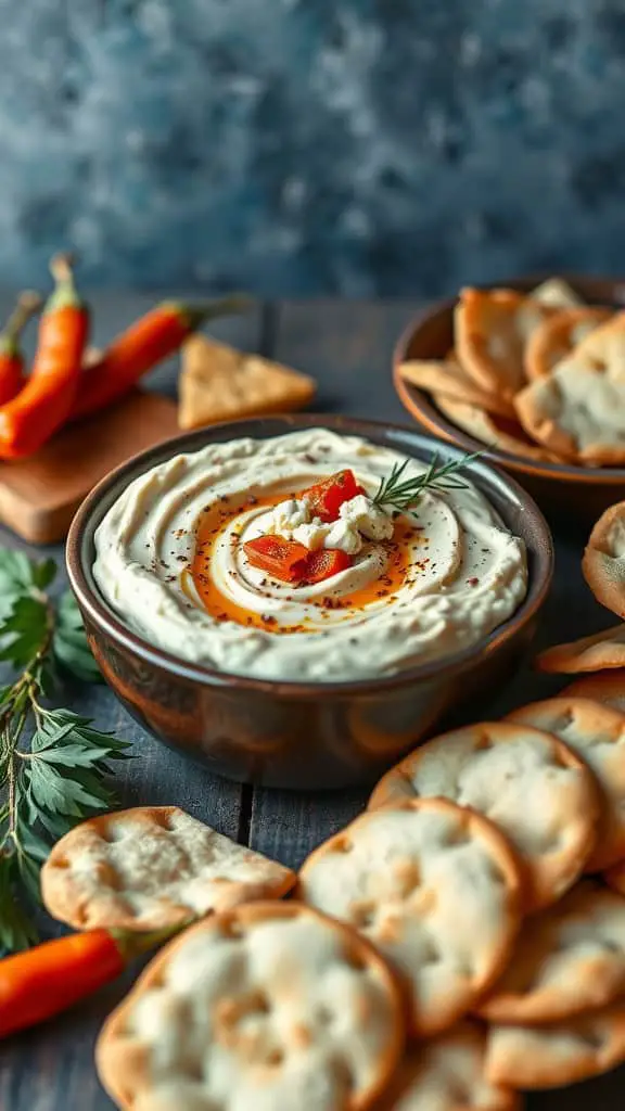 A bowl of roasted red pepper and feta dip surrounded by pita chips and fresh chili peppers.