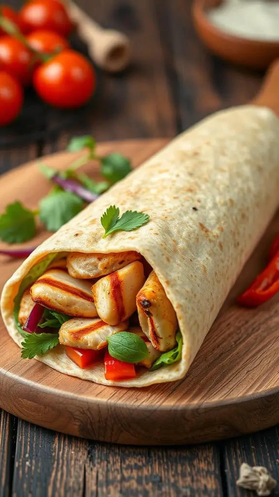 A close-up of a roasted red pepper chicken wrap filled with grilled chicken, lettuce, and peppers, served on a wooden plate.