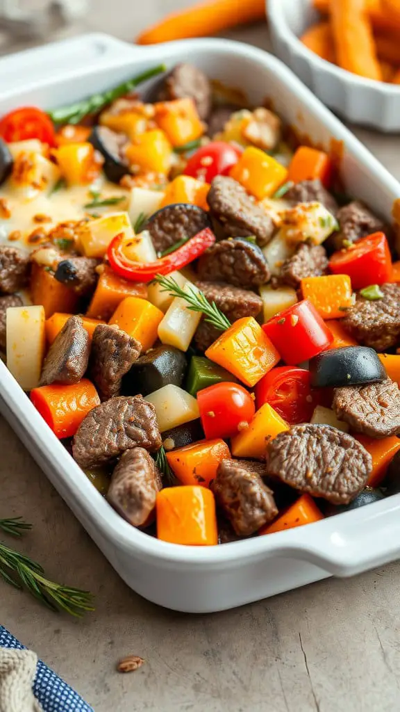 A hearty roasted vegetable and beef casserole with colorful veggies and tender meat.